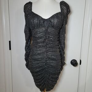 For Love & Lemons Black Glitter Ruched Backless Mini Dress Size Small